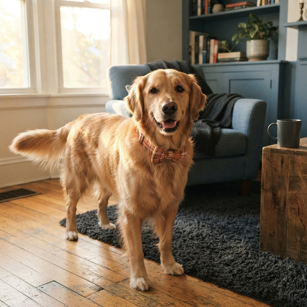 A golden retriever wearing an orange checkered collar with a bowtie standing in a modern home.