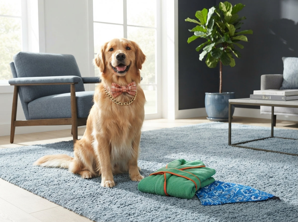 A happy dog wearing a checkered bowtie collar and gold chain with a pet bathrobe and triangle scarf nearby in a stylish home.